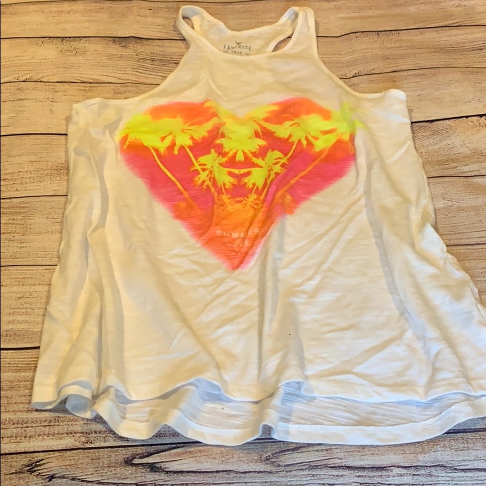 American Eagle white tank top with palm tree print.